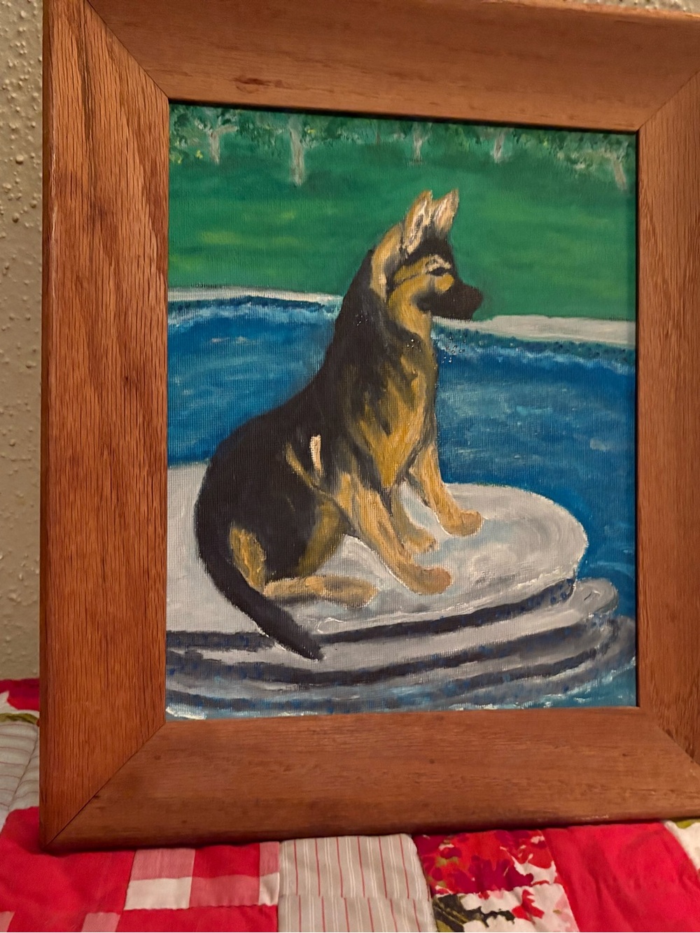 Original Framed German Shepherd Dog Oil Painting - Green & Blue